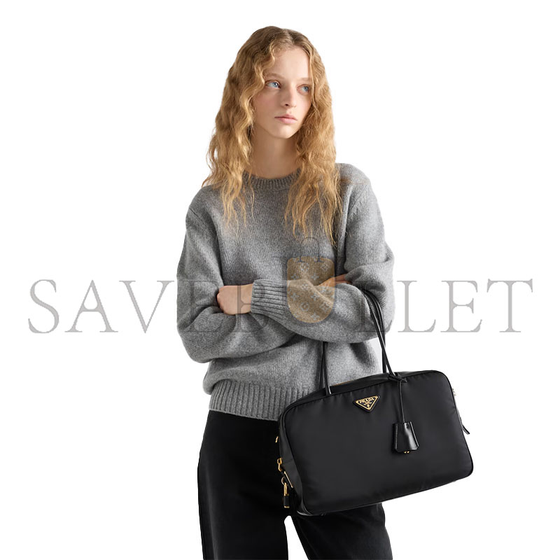 PRADA LARGE RE-NYLON AND LEATHER TOP-HANDLE BAG WITH PADLOCK 1BB131 (34*23*10cm)
